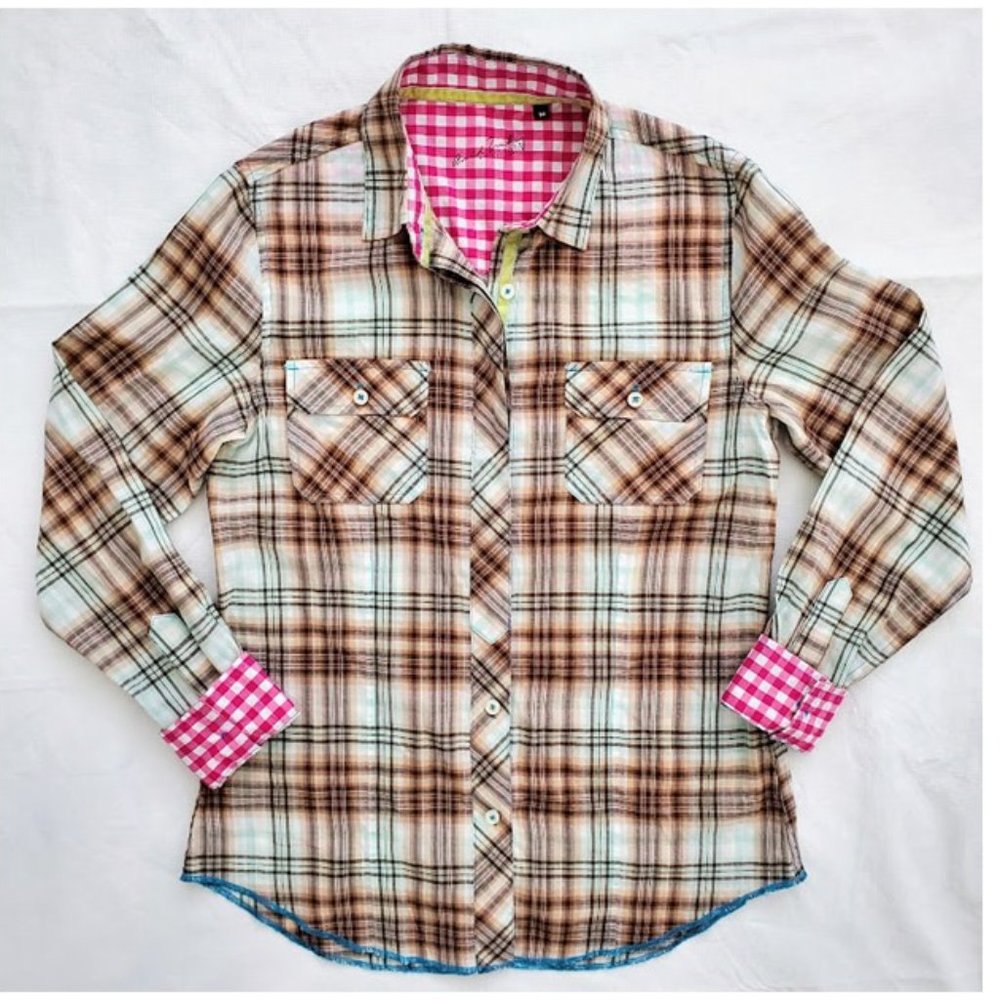 Arnold Zimberg Plaid Western Button Down Shirt | Pink Gingham Contrast | Size M